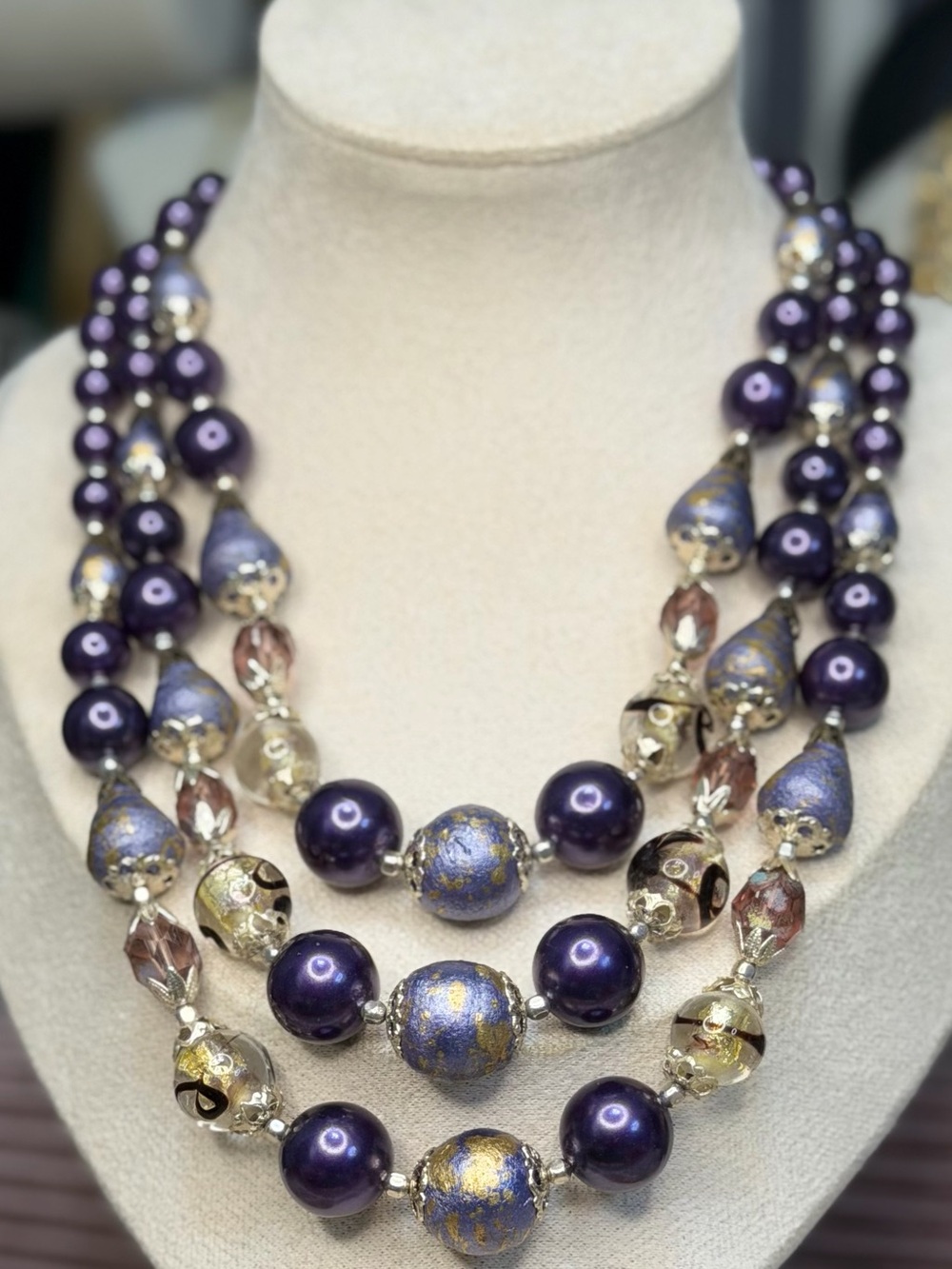 Japan Multi-Strand Art Glass Purple Statement Necklace Mid Century Vintage